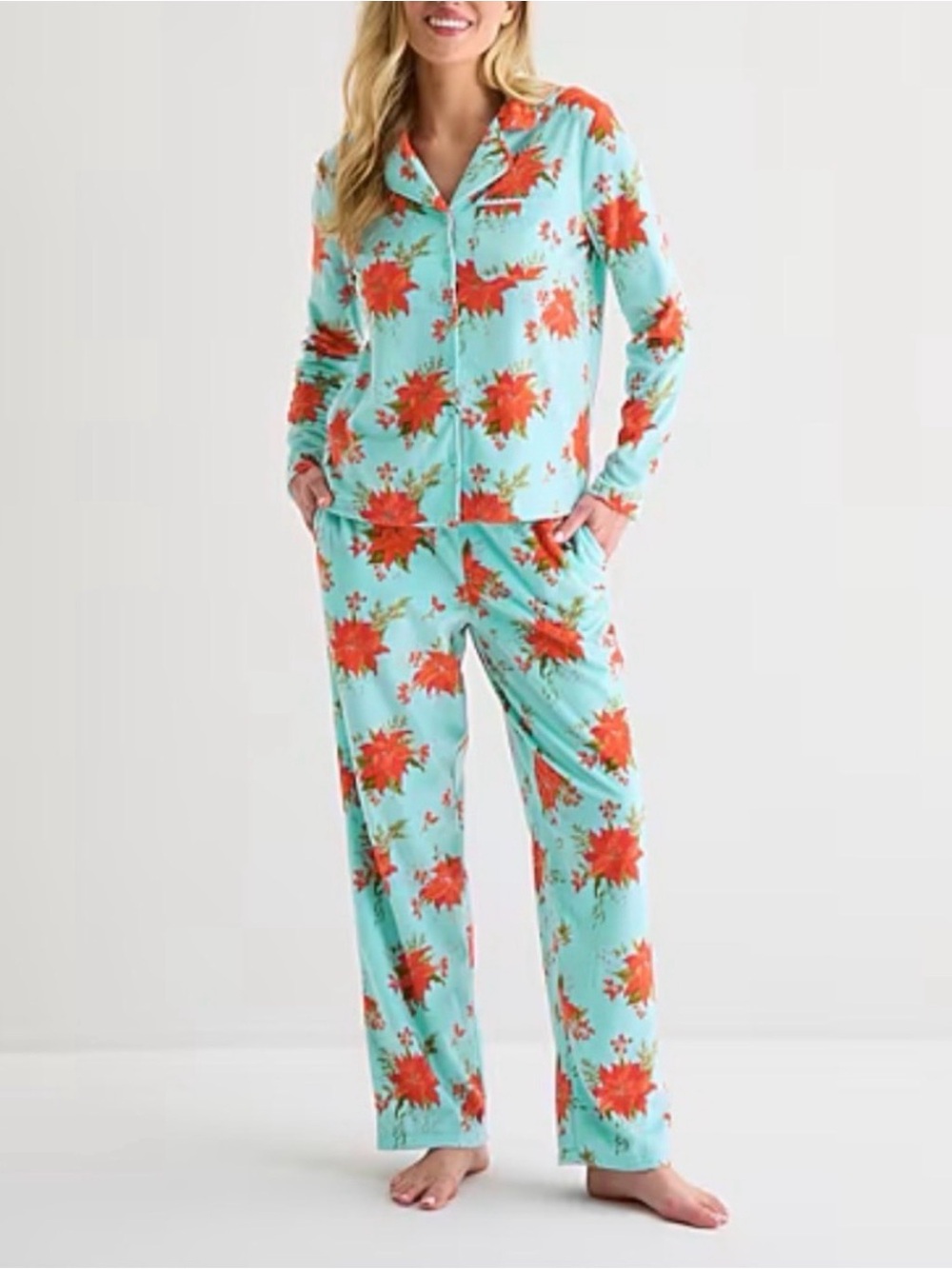 Adonna Womens Floral Fleece Long Sleeve 2-pc. Pajama Set Plus Size XXL Button Up
